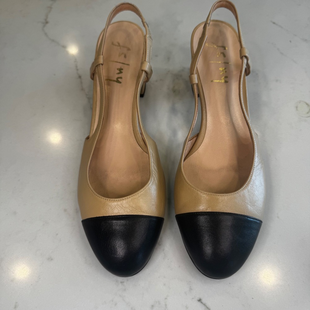 FS/NY French Sole Wom 9.5 B Beige Black Cap Toe Leather Slingback Low Block Heel - Picture 6 of 15